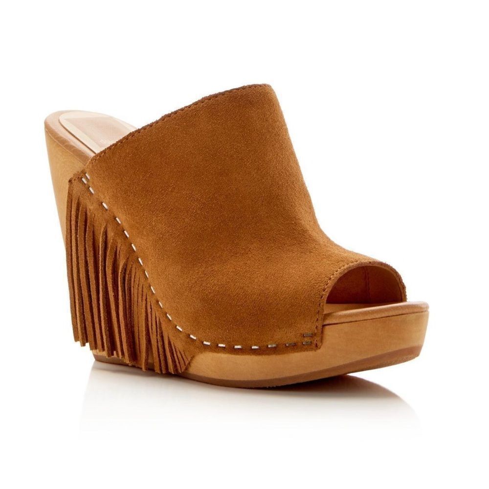 DOLCE VITA Mule Heel Goring Fringed Wedge Slip On Leather Sandals Size 8